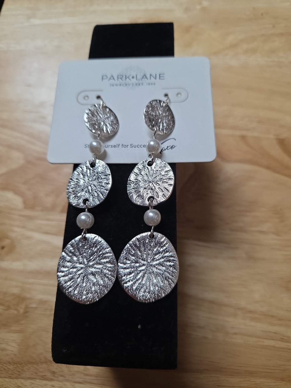 Park Lane Silver Textured Disc Drop Earrings with Pearl Accents